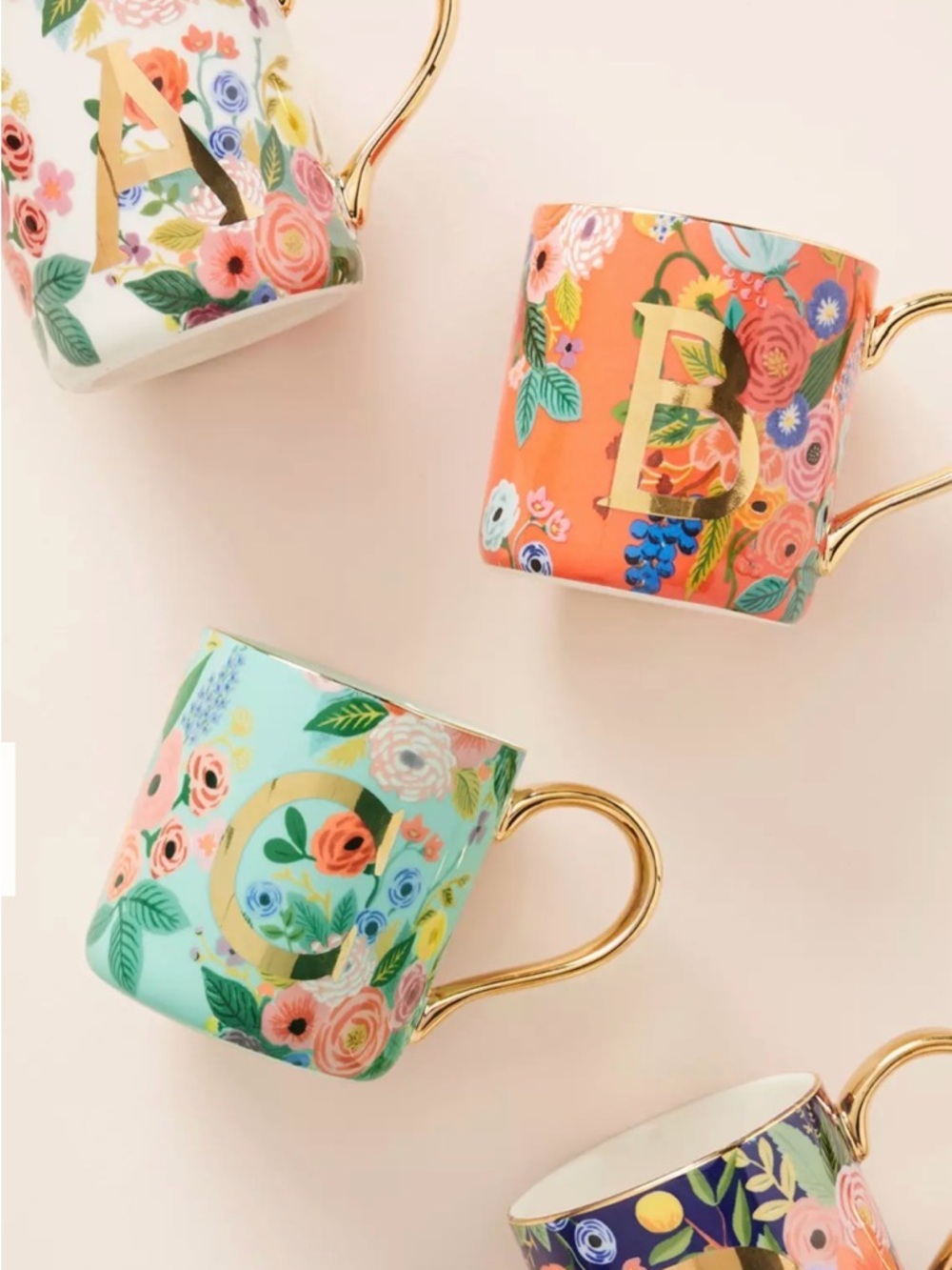 Rifle Paper Co. for Anthropologie Green Floral Mug with Gold Handle & Letter K
